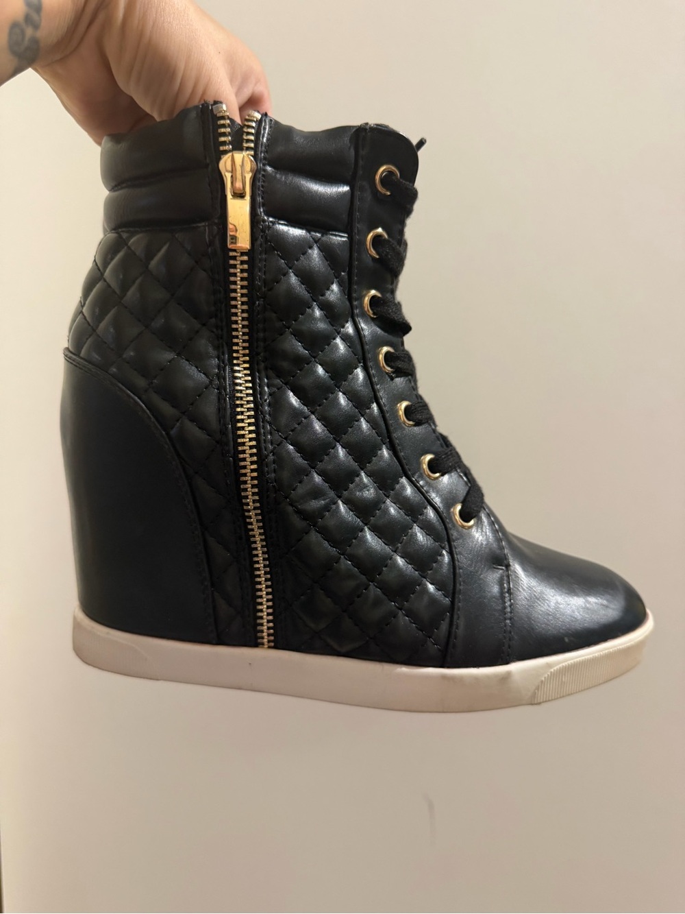 Quilted Wedge High-Top Sneakers - Black